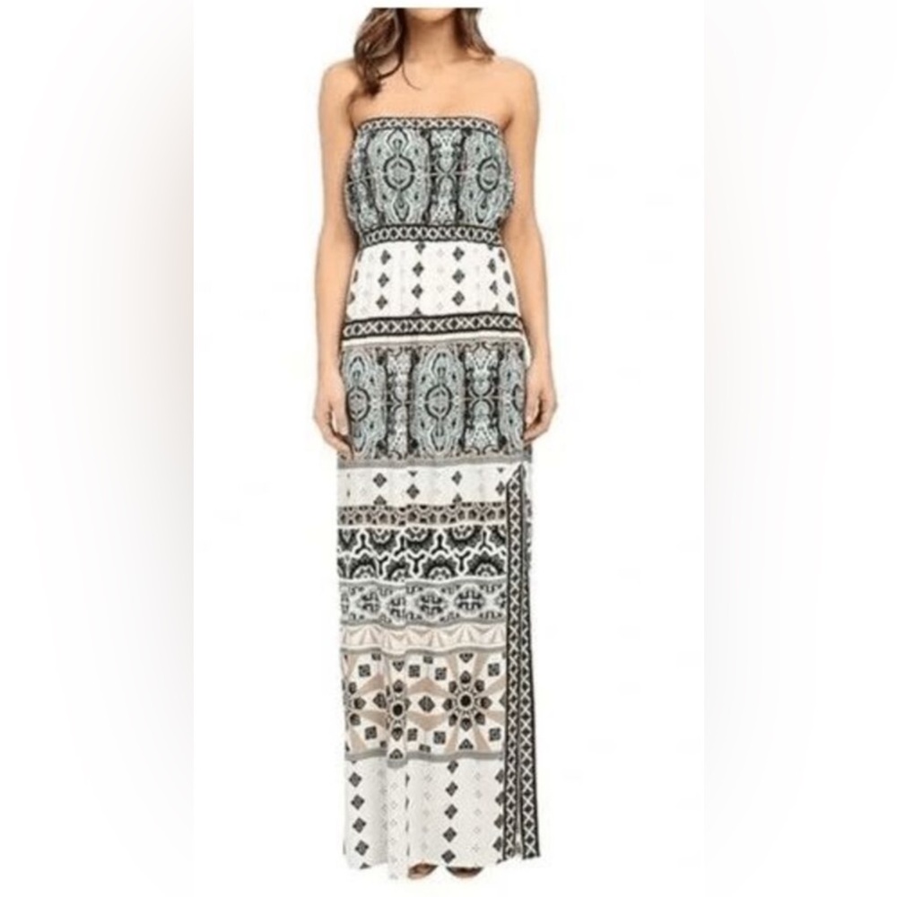 HALE BOB strapless side slit maxi dress, small, white black and teal
